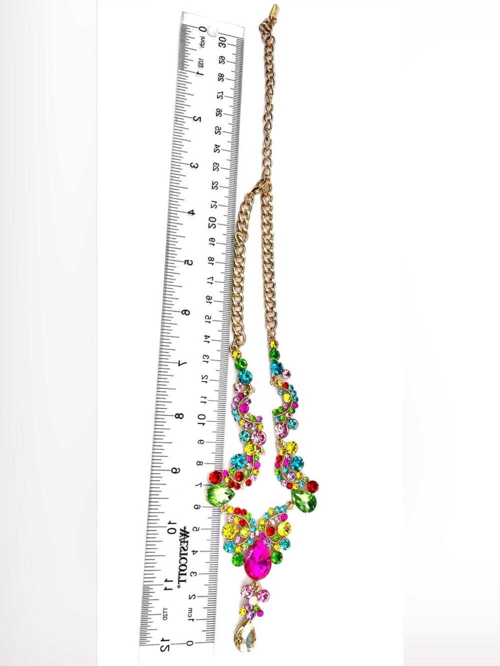 Multicolor Crystal Teardrop Necklace & Earring Set - Gold Tone - Picture 5 of 6